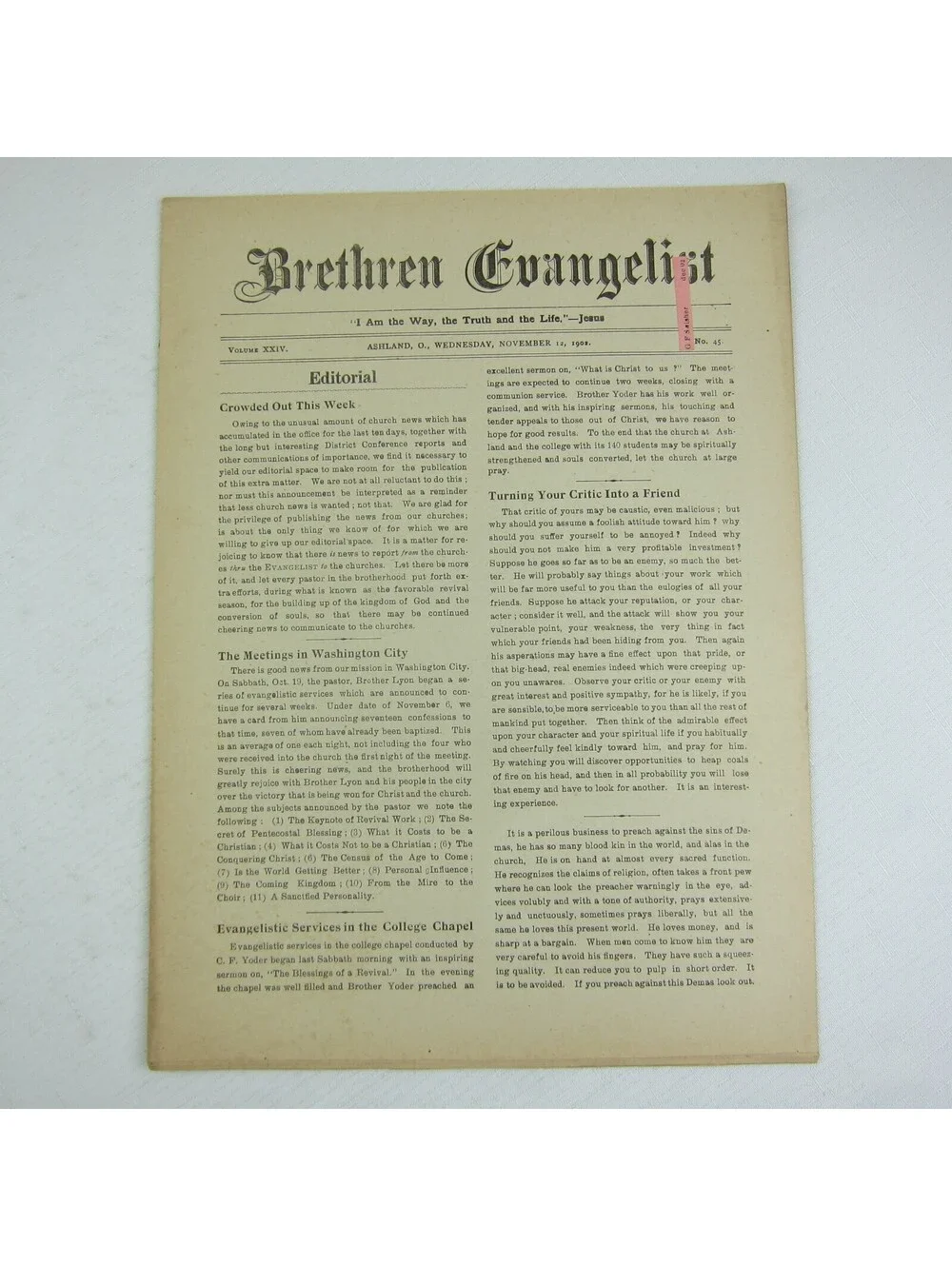Brethren Evangelist Christian Newspaper Ashland Ohio Antique November 12th 1902